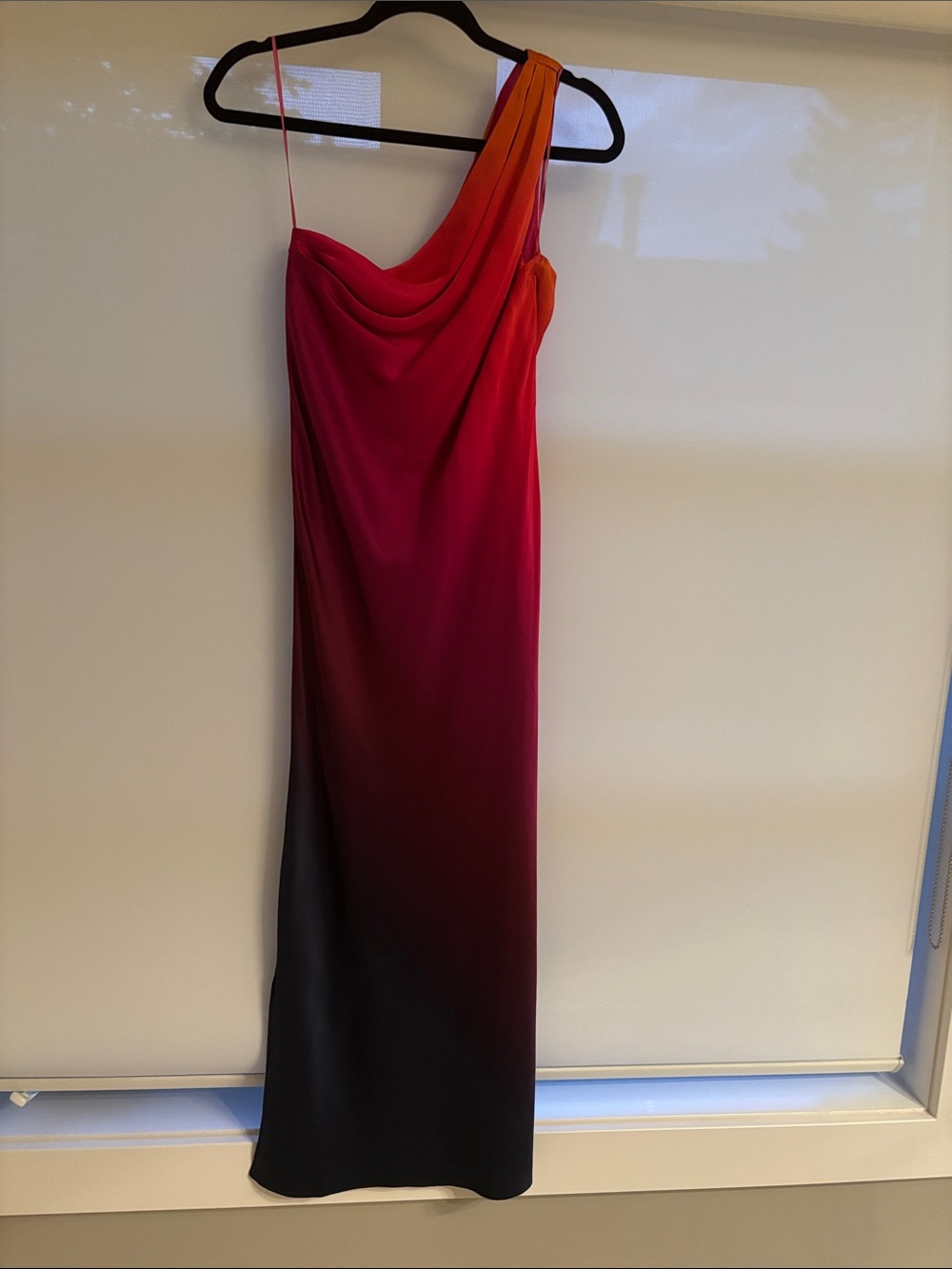 Cami NYC One-Shoulder Ombre Red to Black Gown with Orange Accent